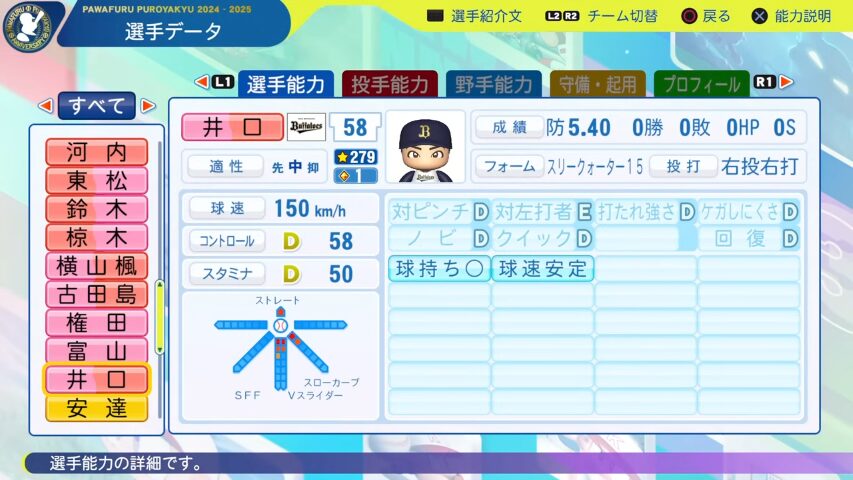 井口_オリックスバファローズ_パワプロ能力データ_2024年開幕版