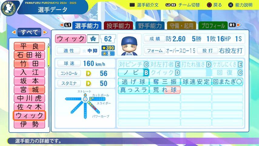 ウィック_横浜DeNAベイスターズ_パワプロ能力データ_2025年決定版