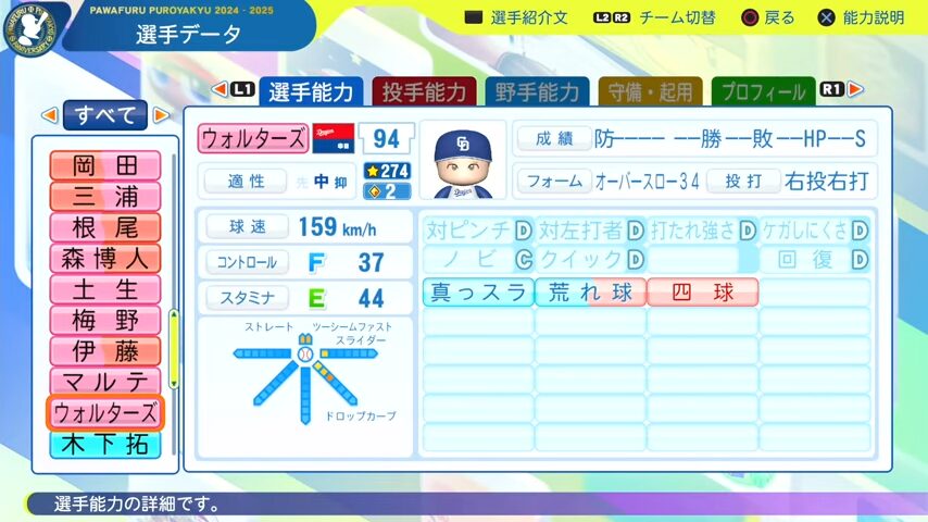 ウォルターズ_中日ドラゴンズ_パワプロ能力データ_2025年決定版