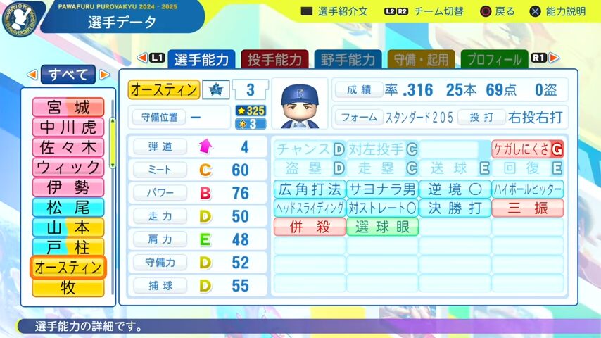 オースティン_横浜DeNAベイスターズ_パワプロ能力データ_2025年決定版