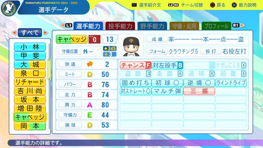 キャベッジ_巨人_パワプロ能力データ_2025年決定版