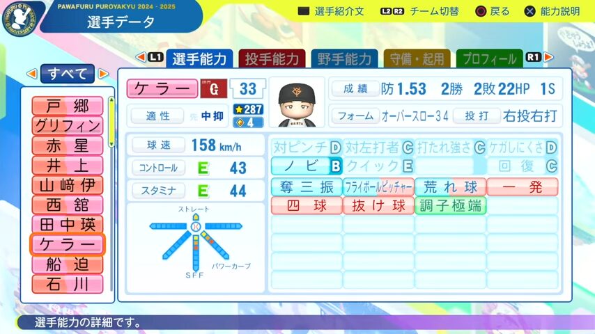 ケラー_巨人_パワプロ能力データ_2025年決定版