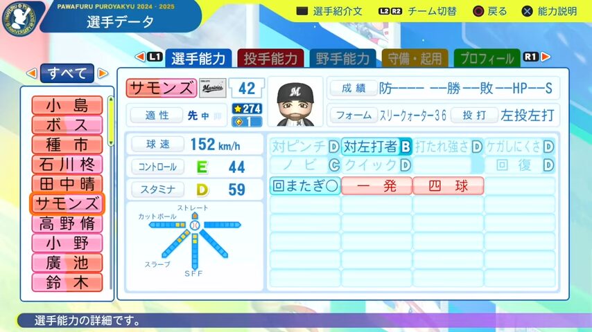 サモンズ_千葉ロッテマリーンズ_パワプロ能力データ_2025年決定版