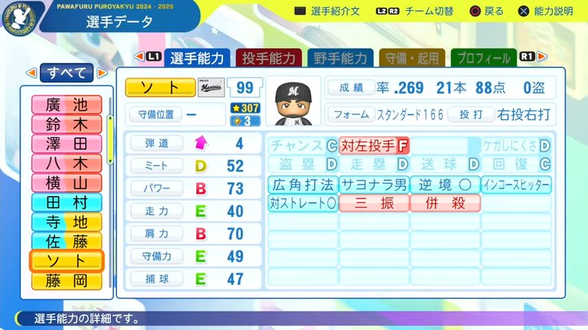 ソト_千葉ロッテマリーンズ_パワプロ能力データ_2025年決定版