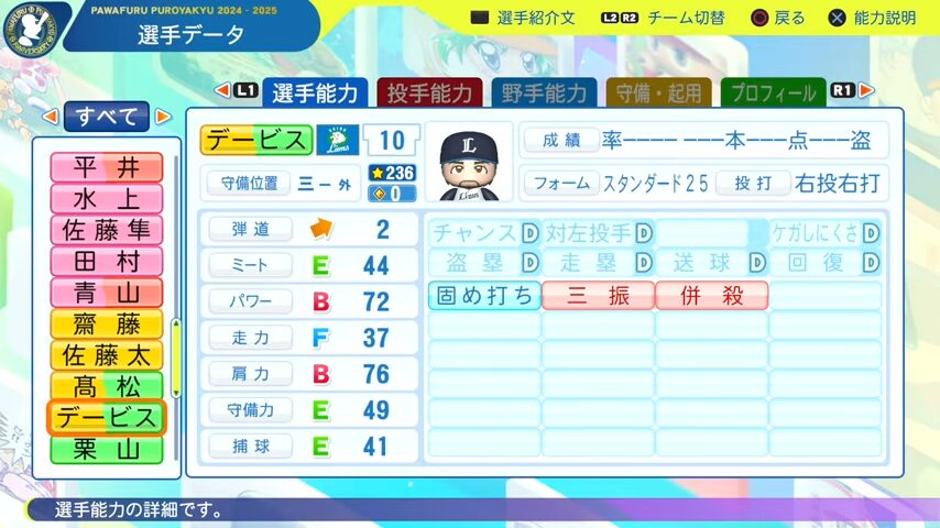 デービス_西武ライオンズ_パワプロ能力データ_2025年決定版