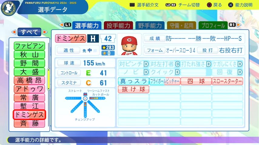 ドミンゲス_広島カープ_パワプロ能力データ_2025年決定版