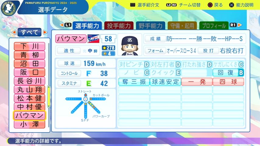 バウマン_ヤクルトスワローズ_パワプロ能力データ_2025年決定版