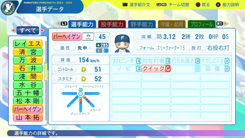 バーヘイゲン_日本ハムファイターズ_パワプロ能力データ_2025年決定版