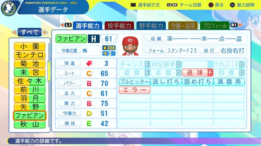 ファビアン_広島カープ_パワプロ能力データ_2025年決定版