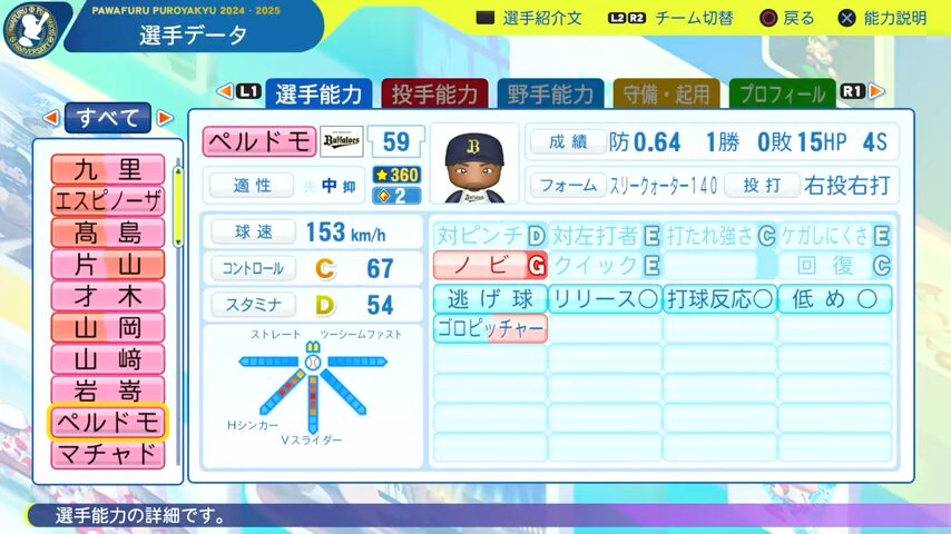 ペルドモ_オリックスバファローズ_パワプロ能力データ_2025年決定版