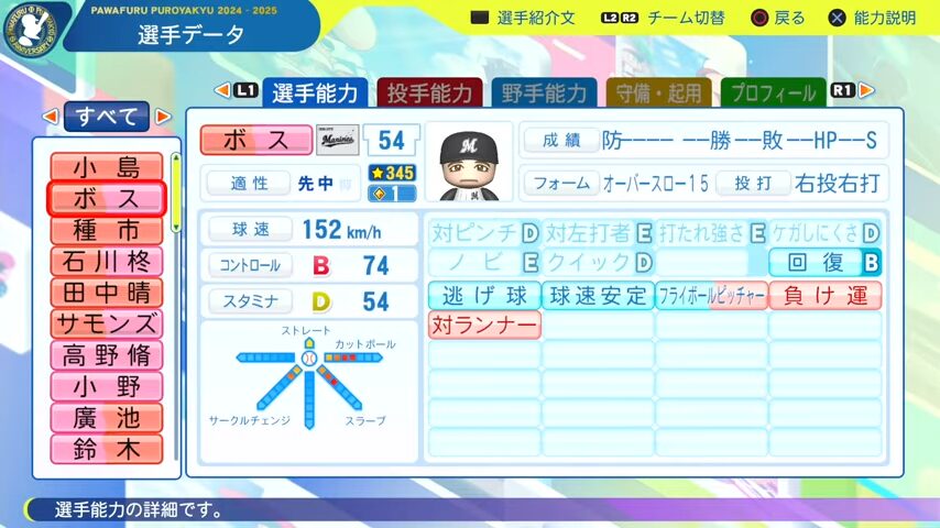 ボス_千葉ロッテマリーンズ_パワプロ能力データ_2025年決定版