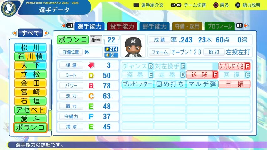 ポランコ_千葉ロッテマリーンズ_パワプロ能力データ_2025年決定版