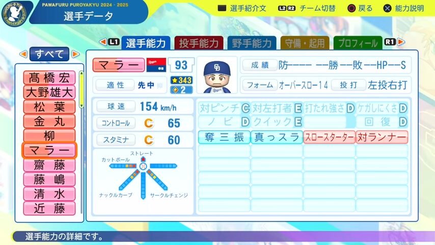 マラー_中日ドラゴンズ_パワプロ能力データ_2025年決定版