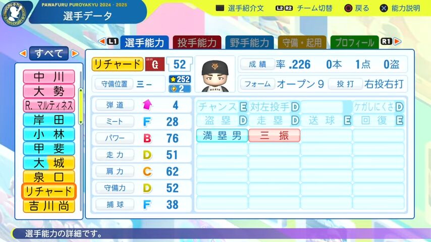 リチャード_巨人_パワプロ能力データ_2025年決定版