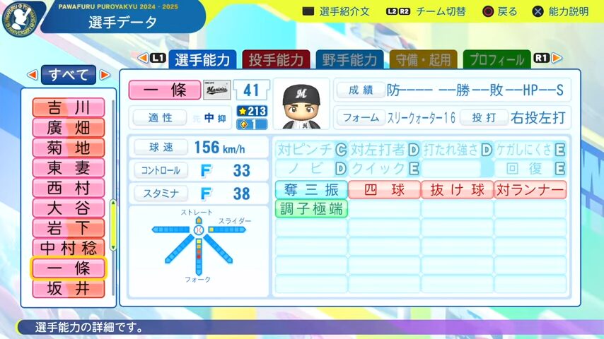 一條_千葉ロッテマリーンズ_パワプロ能力データ_2025年決定版