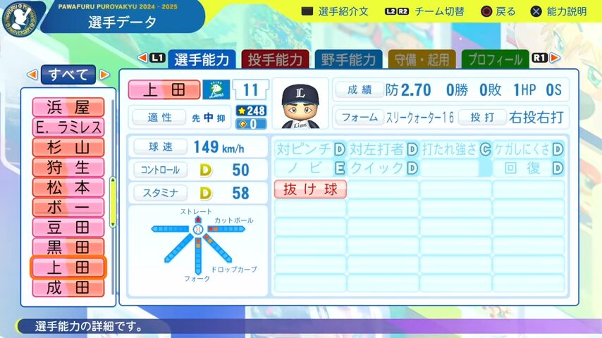 上田_西武ライオンズ_パワプロ能力データ_2025年決定版