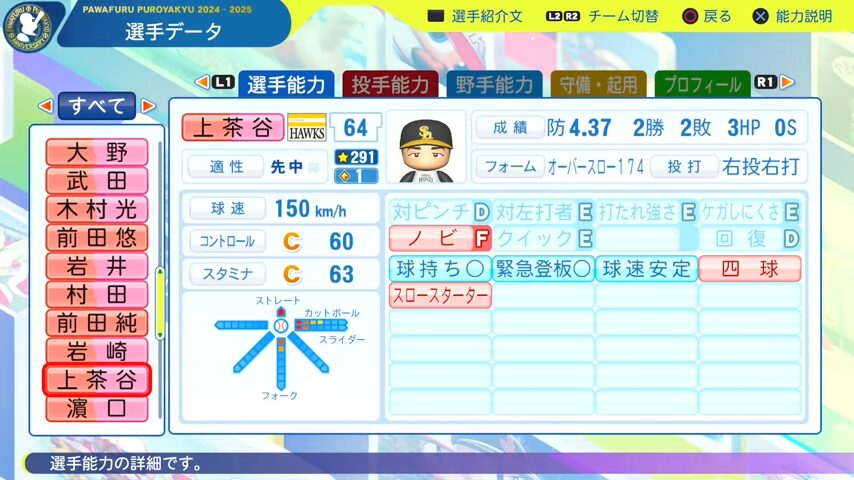 上茶谷_ソフトバンクホークス_パワプロ能力データ_2025年決定版