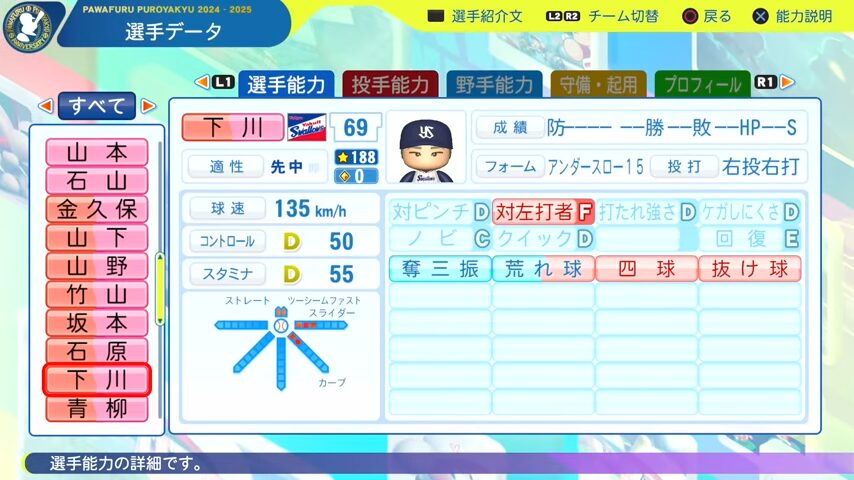 下川_ヤクルトスワローズ_パワプロ能力データ_2025年決定版