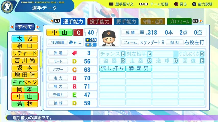 中山_巨人_パワプロ能力データ_2025年決定版
