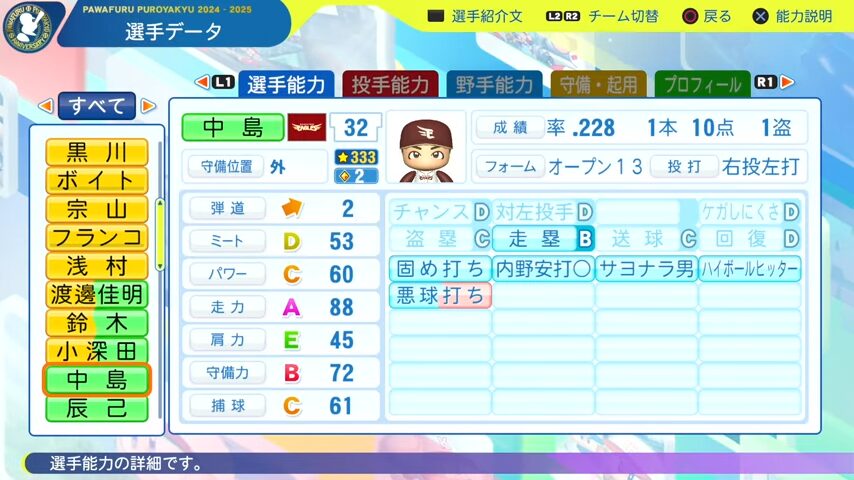 中島_楽天イーグルス_パワプロ能力データ_2025年決定版