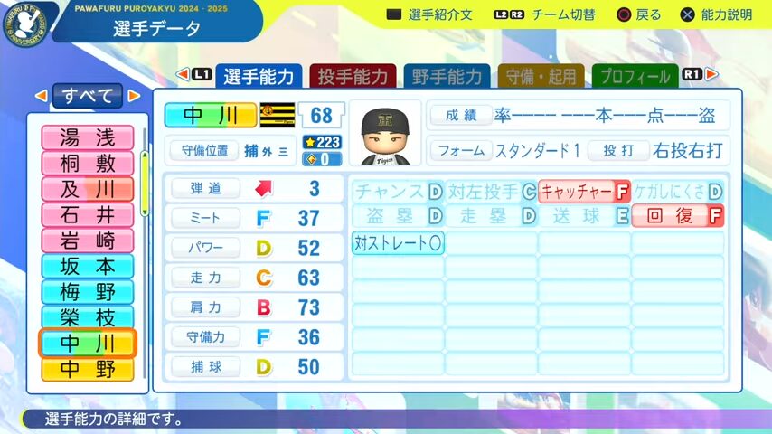 中川_阪神タイガース_パワプロ能力データ_2025年決定版