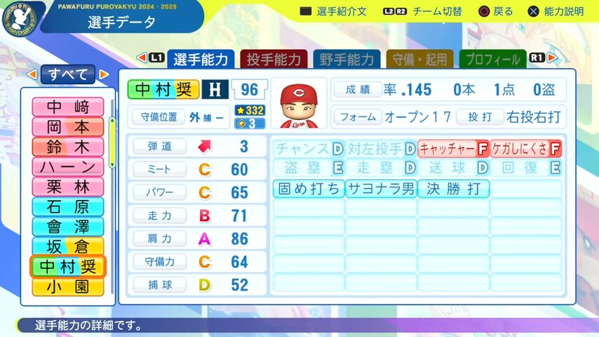 中村奨成_広島カープ_パワプロ能力データ_2025年決定版