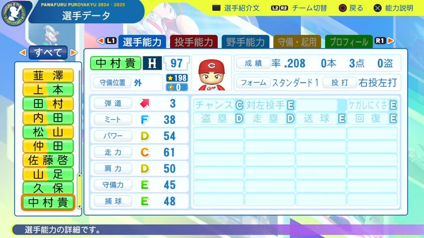中村貴_広島カープ_パワプロ能力データ_2025年決定版
