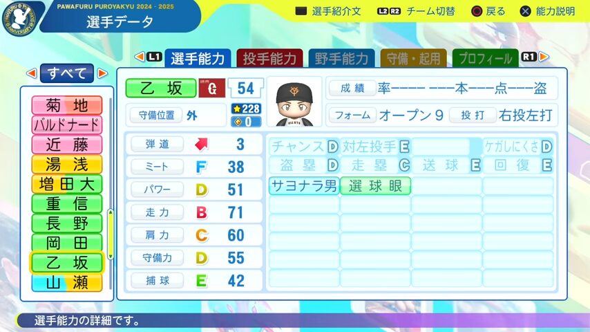 乙坂_巨人_パワプロ能力データ_2025年決定版