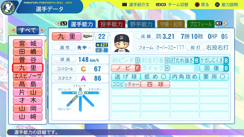 九里_オリックスバファローズ_パワプロ能力データ_2025年決定版