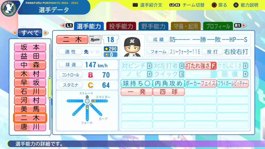 二木_千葉ロッテマリーンズ_パワプロ能力データ_2025年決定版
