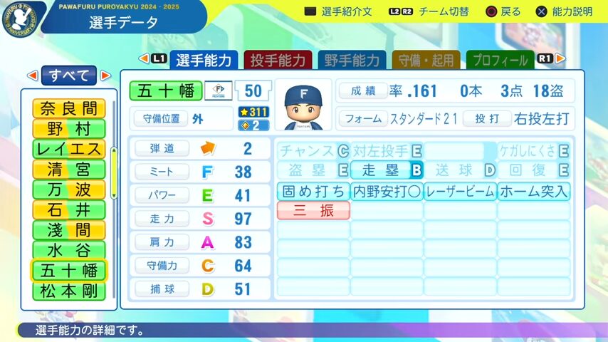 五十幡_日本ハムファイターズ_パワプロ能力データ_2025年決定版