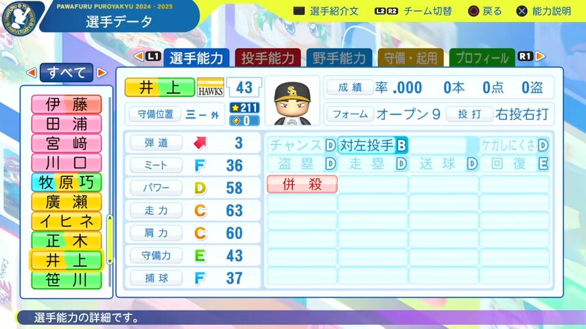 井上_ソフトバンクホークス_パワプロ能力データ_2025年決定版