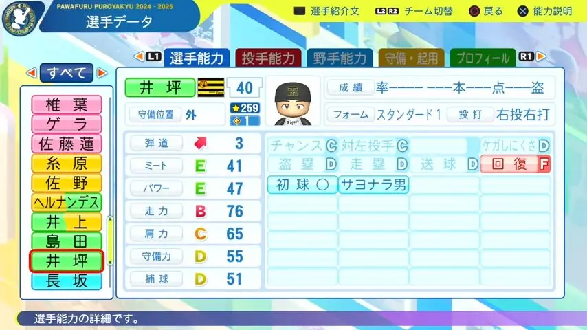 井坪_阪神タイガース_パワプロ能力データ_2025年決定版