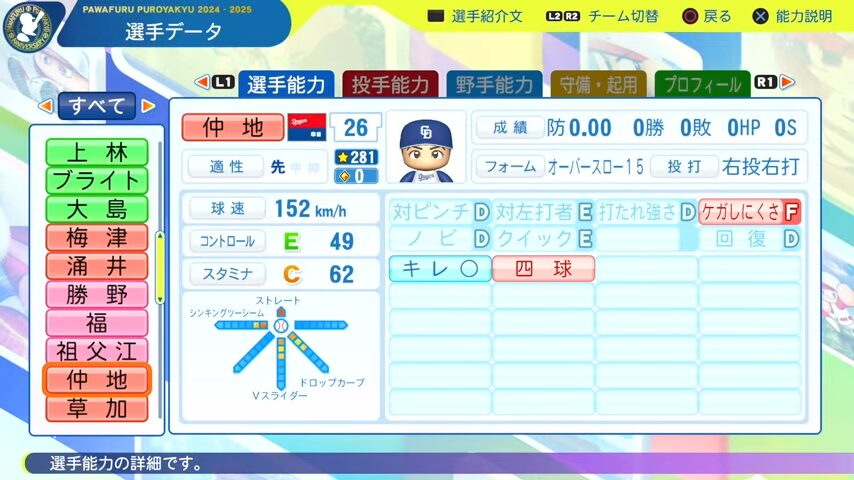 仲地_中日ドラゴンズ_パワプロ能力データ_2025年決定版