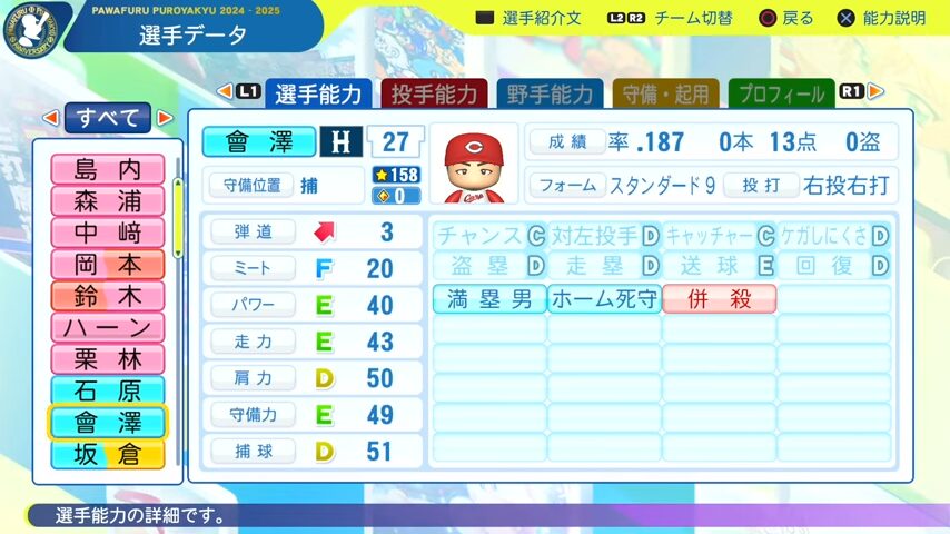 会澤_広島カープ_パワプロ能力データ_2025年決定版