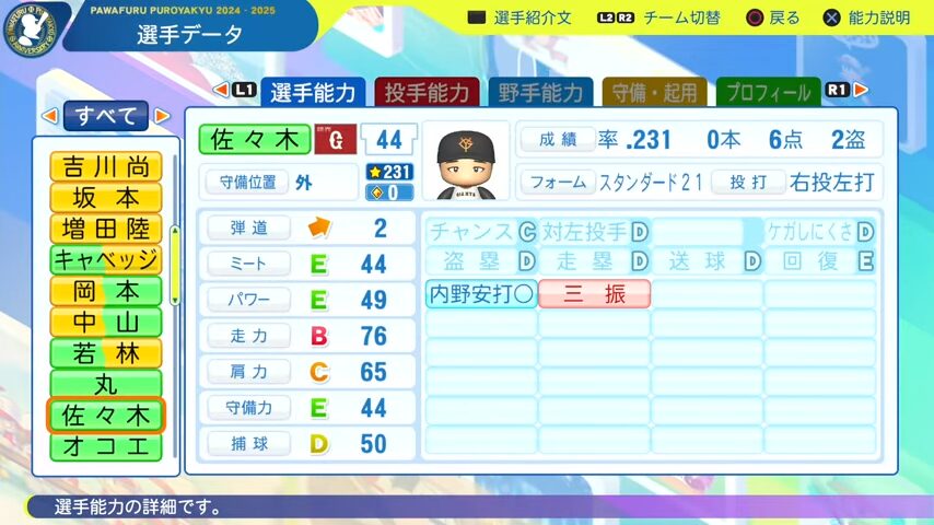 佐々木_巨人_パワプロ能力データ_2025年決定版