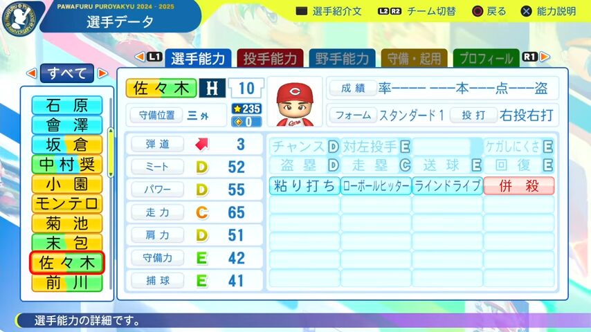 佐々木_広島カープ_パワプロ能力データ_2025年決定版