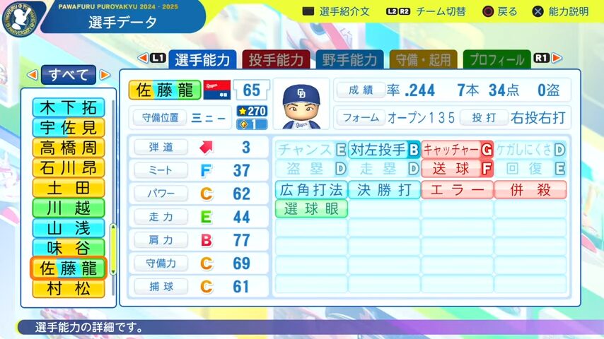 佐藤龍_中日ドラゴンズ_パワプロ能力データ_2025年決定版