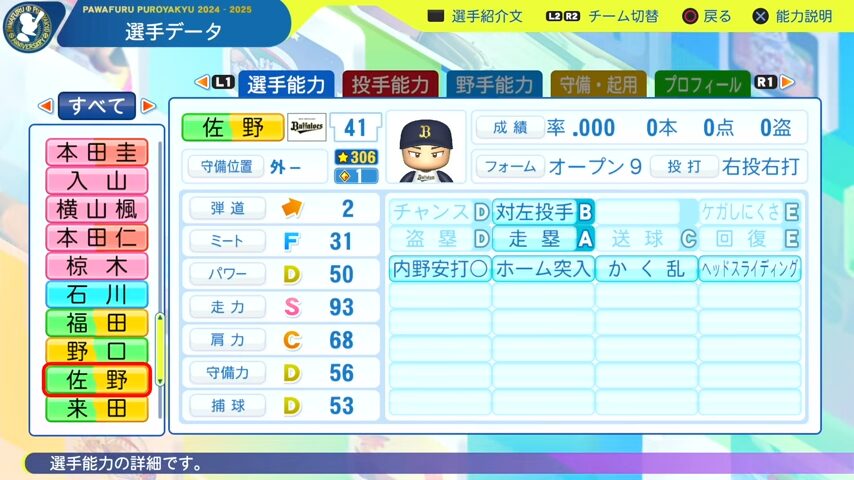 佐野_オリックスバファローズ_パワプロ能力データ_2025年決定版