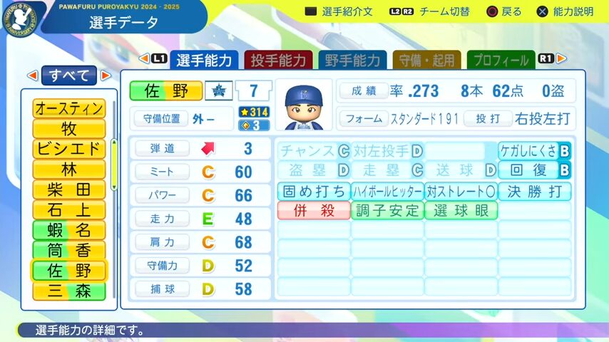 佐野_横浜DeNAベイスターズ_パワプロ能力データ_2025年決定版