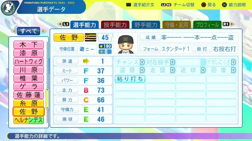 佐野_阪神タイガース_パワプロ能力データ_2025年決定版
