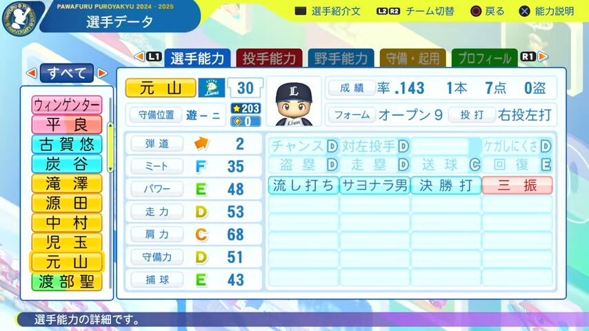 元山_西武ライオンズ_パワプロ能力データ_2025年決定版