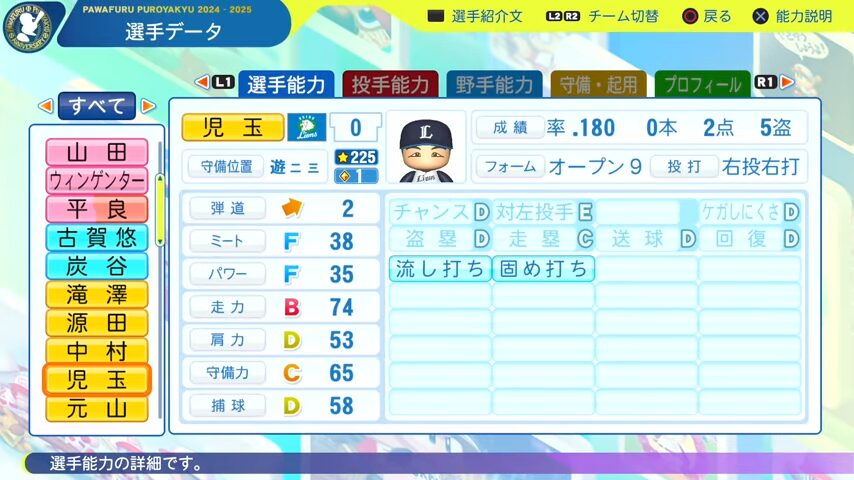 児玉_西武ライオンズ_パワプロ能力データ_2025年決定版