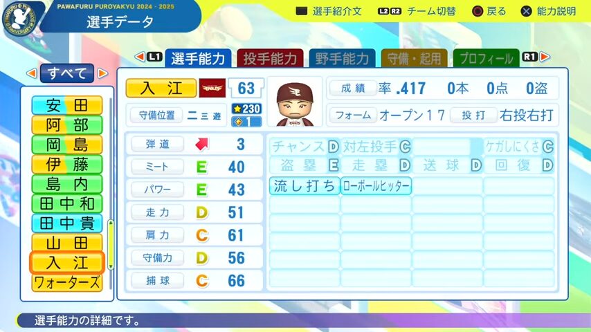 入江_楽天イーグルス_パワプロ能力データ_2025年決定版