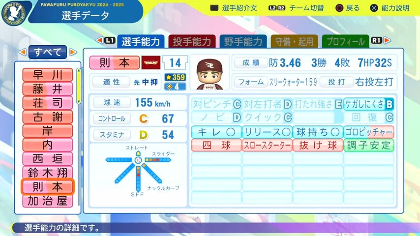 則本昂大_楽天イーグルス_パワプロ能力データ_2025年決定版