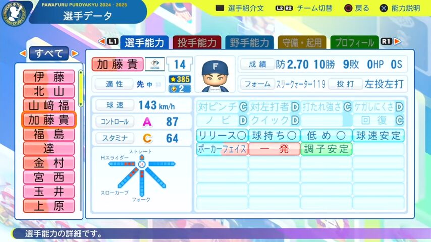 加藤貴之_日本ハムファイターズ_パワプロ能力データ_2025年決定版
