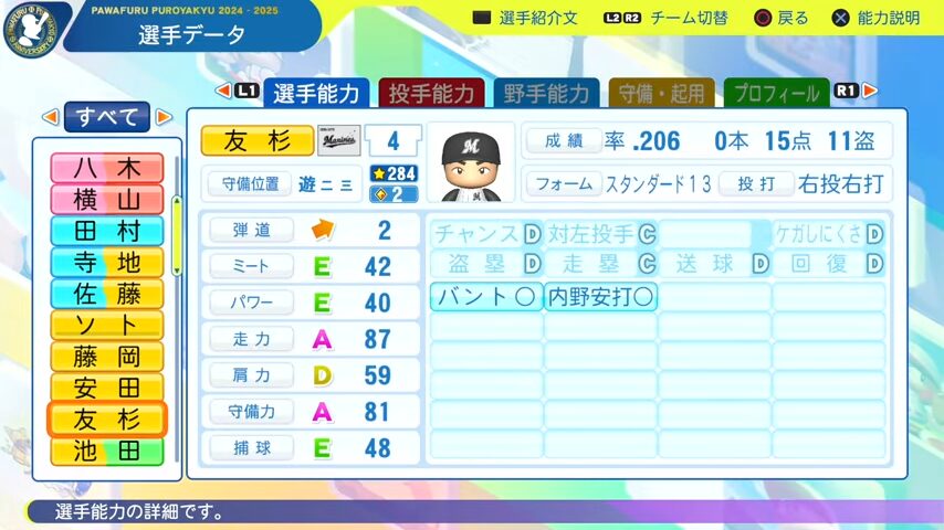 友杉_千葉ロッテマリーンズ_パワプロ能力データ_2025年決定版