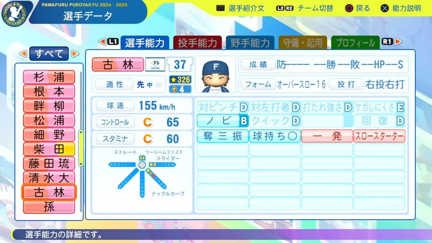 古林_日本ハムファイターズ_パワプロ能力データ_2025年決定版