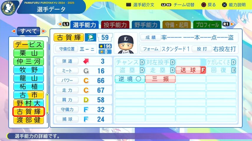 古賀輝_西武ライオンズ_パワプロ能力データ_2025年決定版