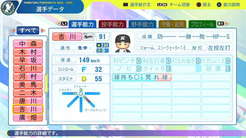 吉川_千葉ロッテマリーンズ_パワプロ能力データ_2025年決定版